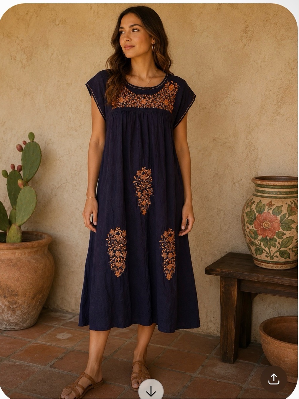 Mexican Embroidered Navy Blue Boho Midi Dress Floral Oaxaca Artisan Cotton